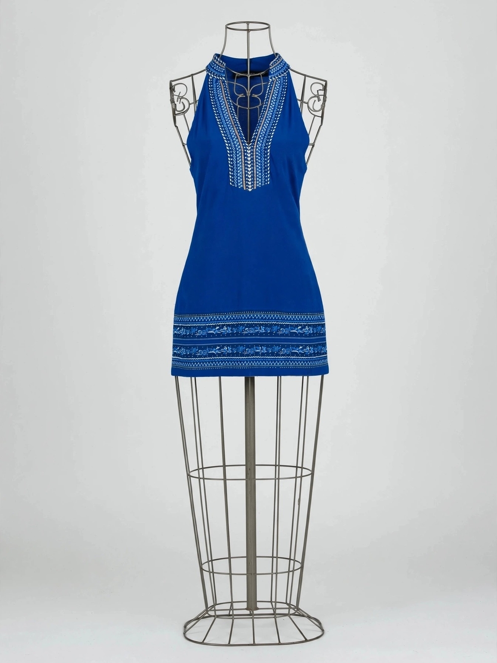 White House Black Market Royal Blue Sleeveless Embroidered Halter Dress
